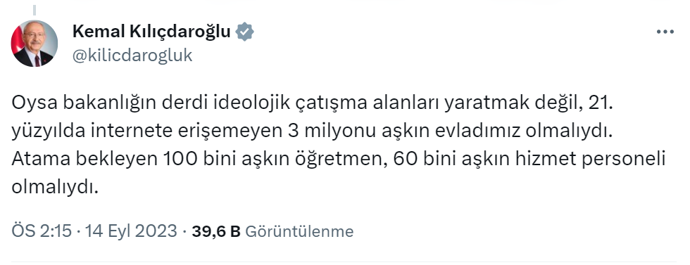 Kılıçdaroğlu: “Son 20 yılda Milli Eğitim Bakanlığı “milli” olma vasfını tamamen yitirdi”