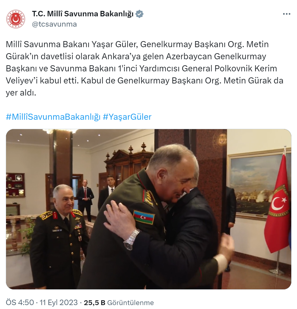 Milli Savunma Bakanı Güler, Azerbaycan Genelkurmay Başkanı Veliyev’i kabul etti