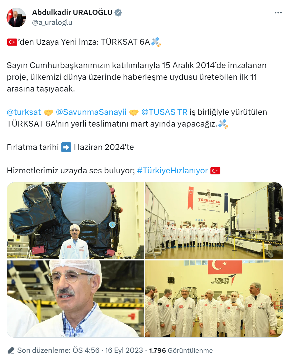 Bakan Uraloğlu: “Türksat 6A’nın yerli teslimatını mart ayında yapacağız”