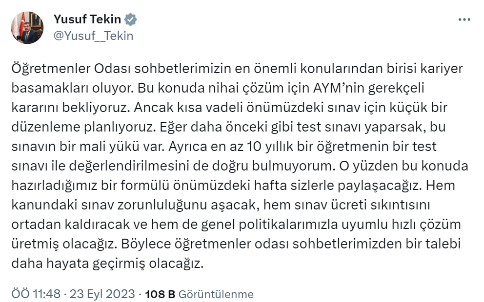 Bakan Tekin: “10 yıllık öğretmenin test sınavı ile değerlendirilmesini doğru bulmuyorum”