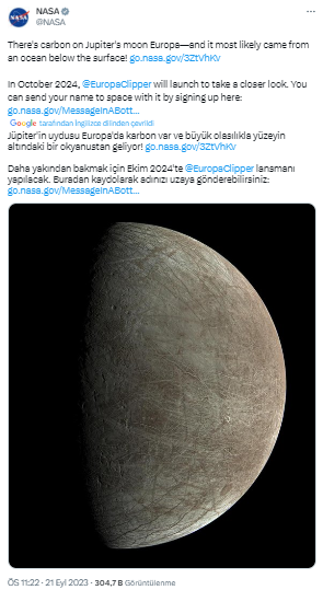 Jüpiter’in uydusu Europa’da karbon izleri