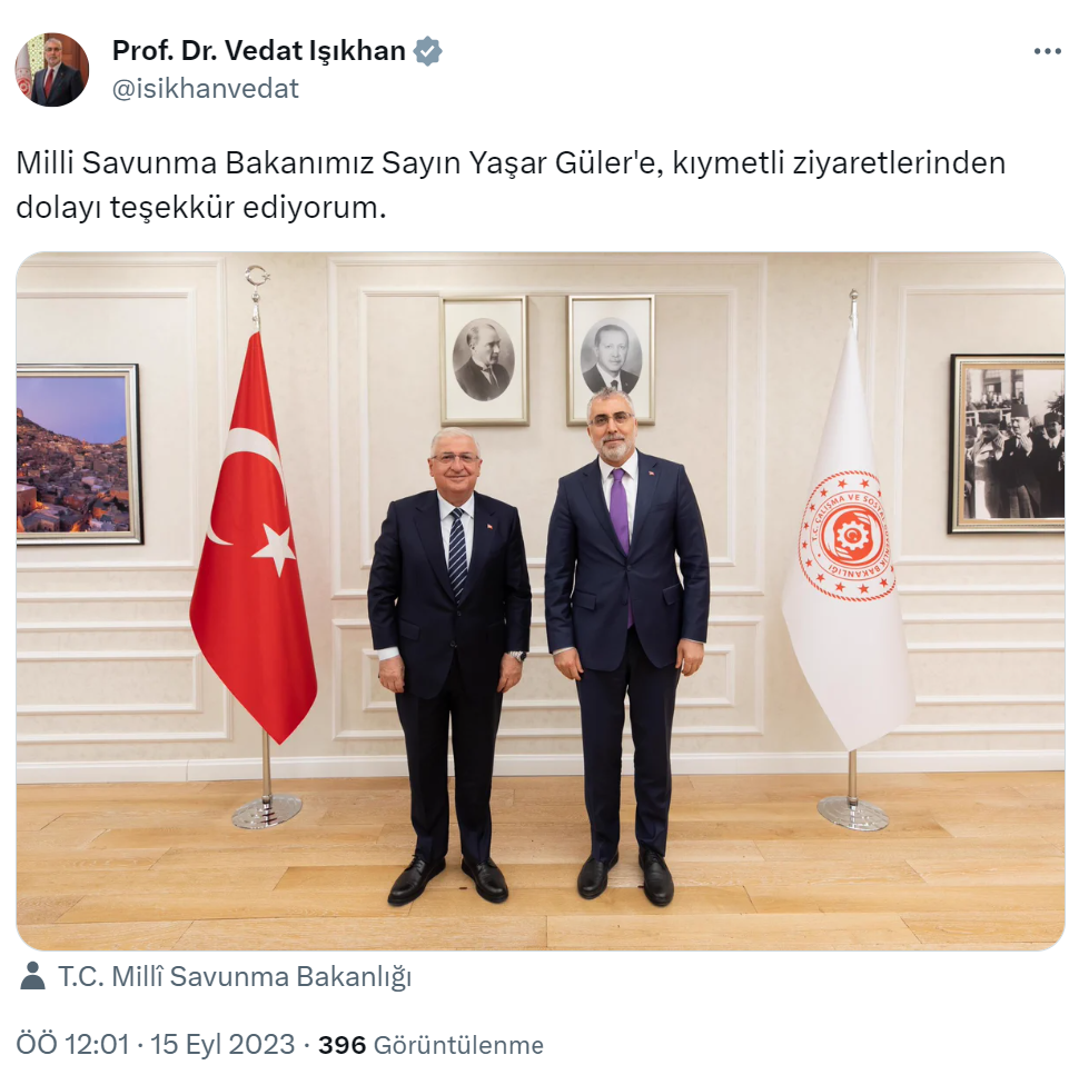 Milli Savunma Bakanı Güler, Bakan Işıkhan’ı ziyaret etti