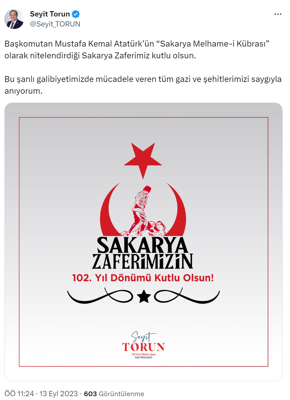 CHP’li Torun’dan Sakarya Meydan Muharebesi’nin 102. yıl dönümü mesajı