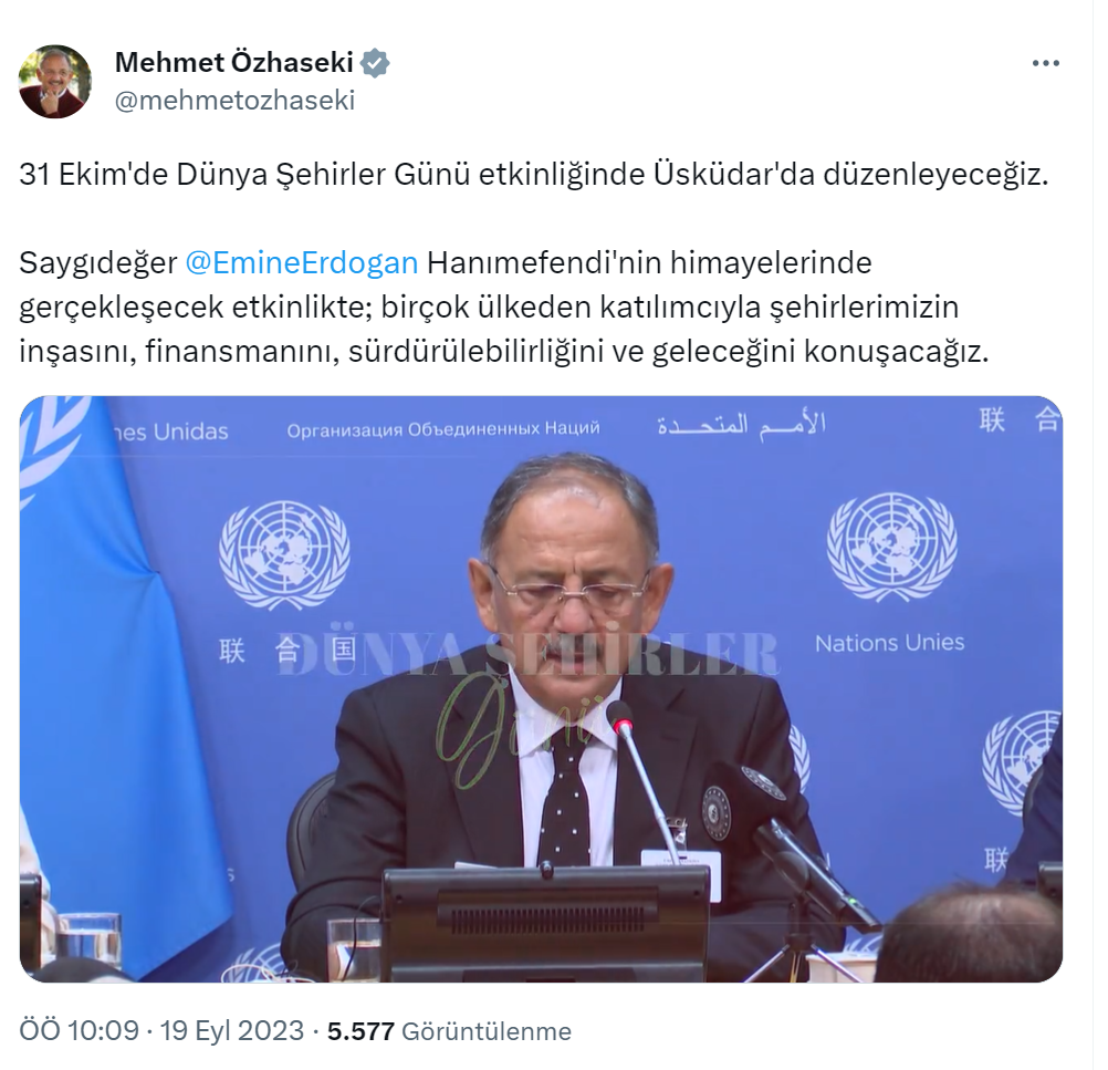 Bakan Özhaseki: “31 Ekim’de Dünya Şehirler Günü etkinliğinde Üsküdar’da düzenleyeceğiz”