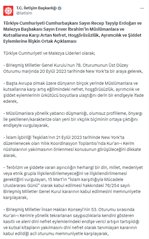 Türkiye ve Malezya’dan “İslam düşmanlığı ile mücadele” açıklaması