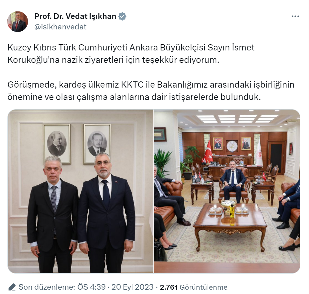 KKTC Büyükelçisi Korukoğlu, Bakan Işıkhan’ı ziyaret etti