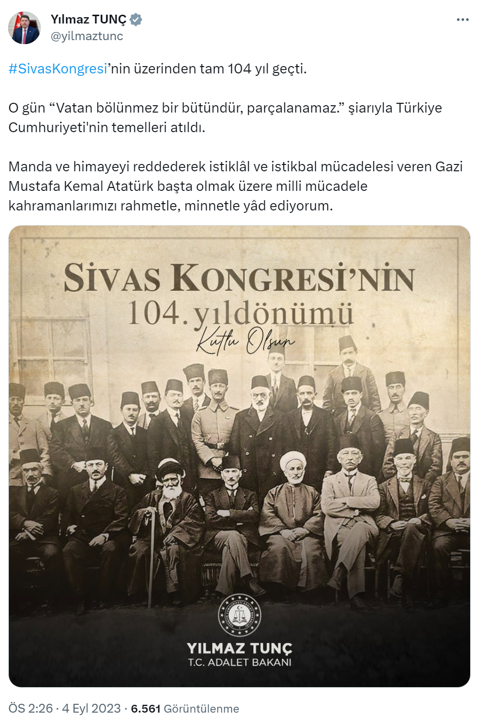 Bakan Tunç’tan Sivas Kongresi’nin yıl dönümü mesajı