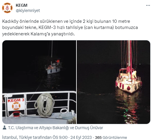 Kadıköy açıklarında sürüklenen tekne kurtarıldı