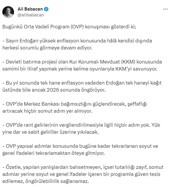 DEVA Partisi lideri Babacan'dan OVP tepkisi: Yük yine dar ve sabit gelirliler üzerine yıkılacak