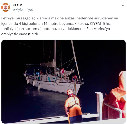 Fethiye Karaağaç açıklarında sürüklenen tekne kurtarıldı