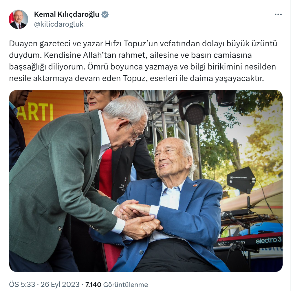 Kılıçdaroğlu’dan gazeteci ve yazar Hıfzı Topuz için taziye mesajı