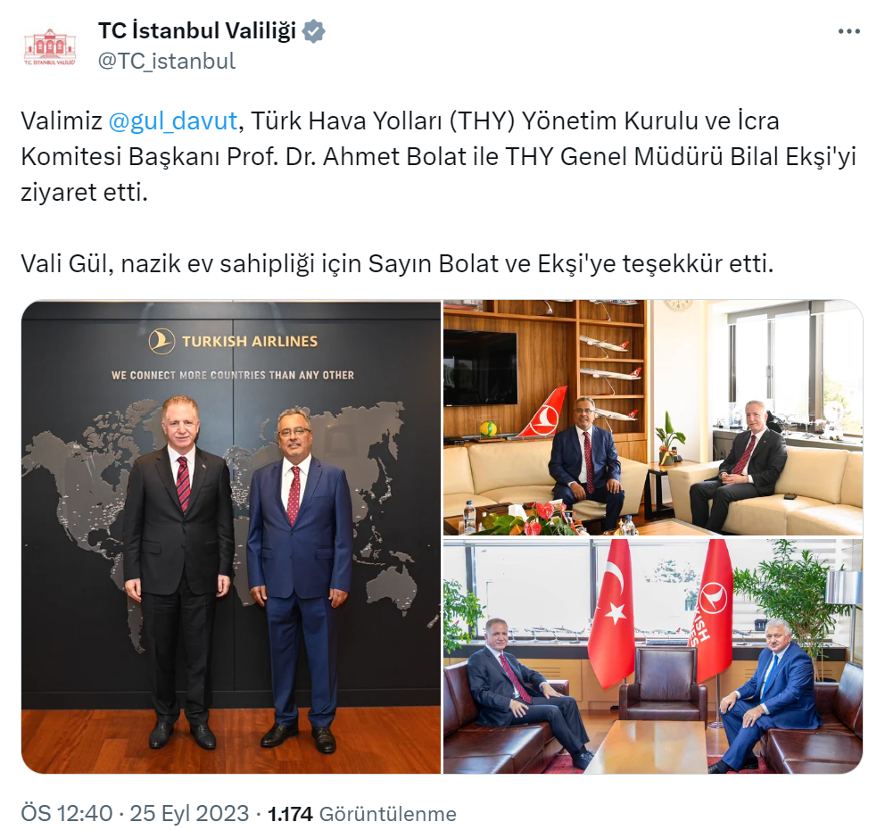 Vali Gül, THY Yönetim Kurulu Başkanı Bolat ve Genel Müdür Ekşi’yi ziyaret etti