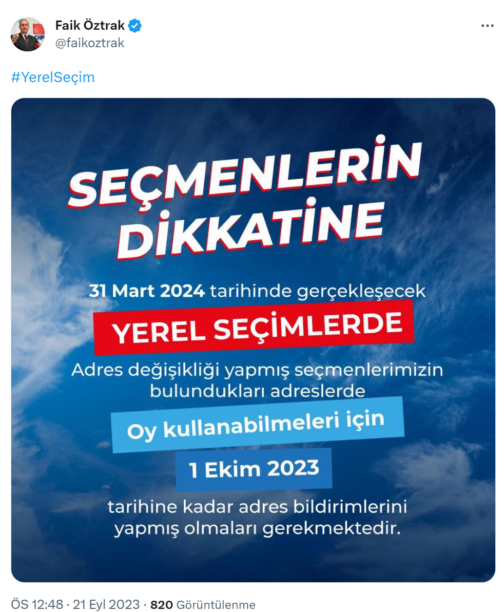 Yerel seçimler için 1 Ekim’e kadar adres değişikliği yapılmalı