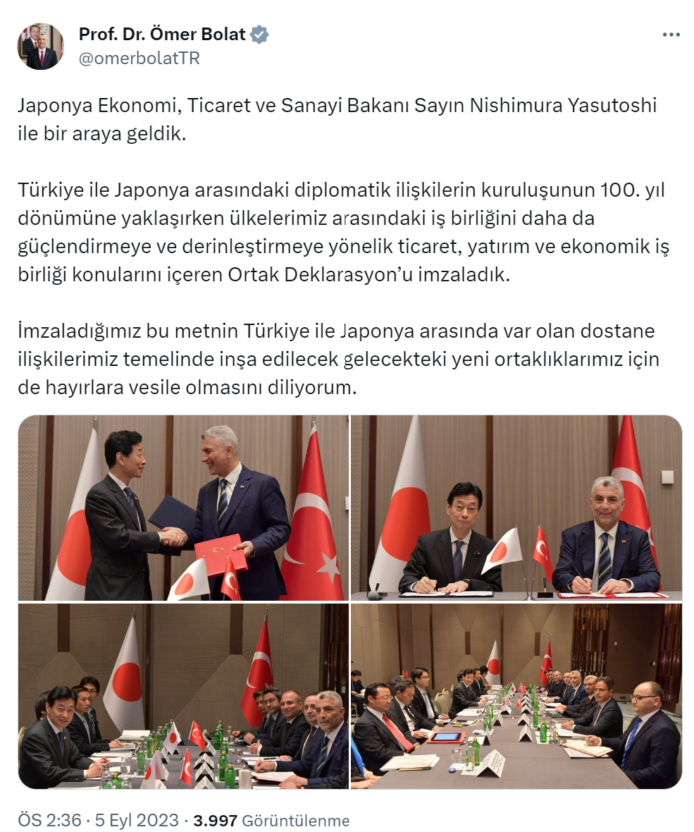Bakan Bolat, Japonya Ekonomi, Ticaret ve Sanayi Bakanı Yasutoshi ile görüştü