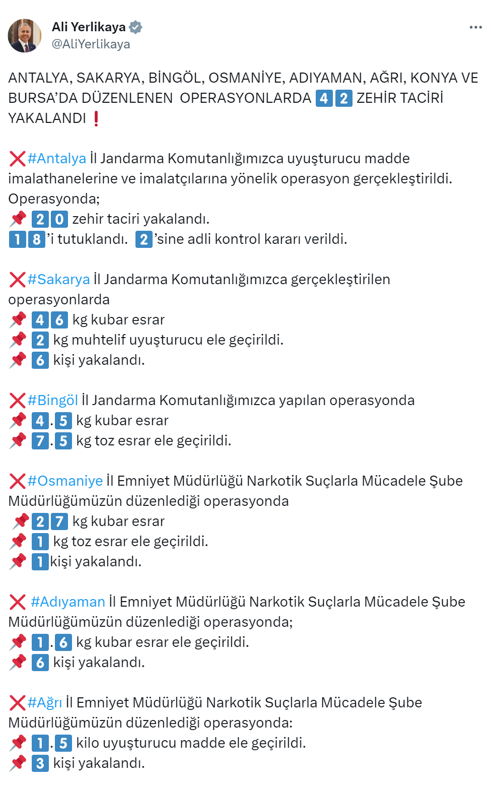 8 ilde düzenlenen uyuşturucu operasyonlarında 42 kişi yakalandı