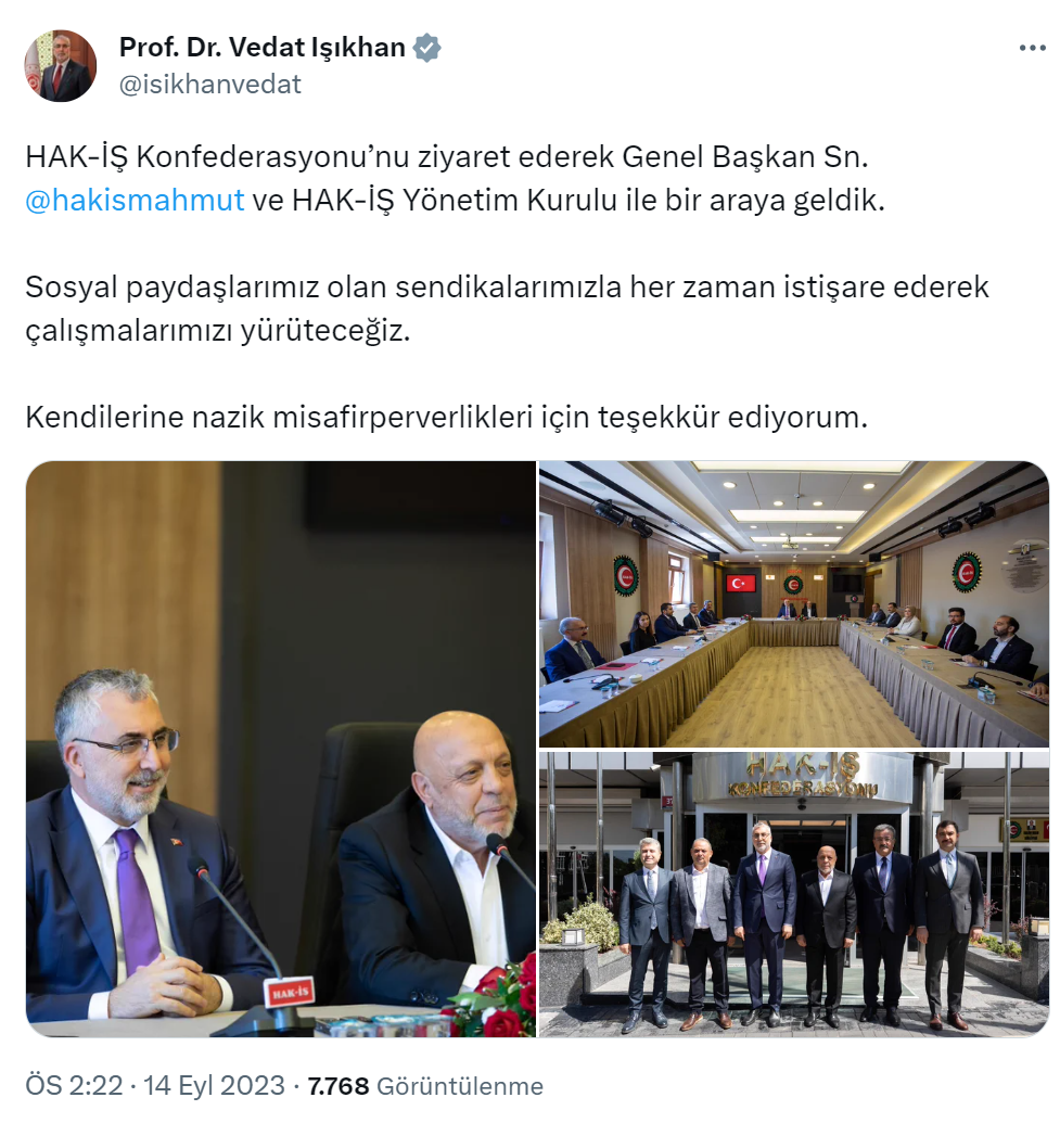 Bakan Işıkhan, HAK-İŞ Konfederasyonu Genel Başkanı Arslan ile bir araya geldi