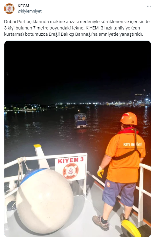 Dubai Port açıklarında sürüklenen tekne Ereğli Balıkçı Barınağı’na yanaştırıldı