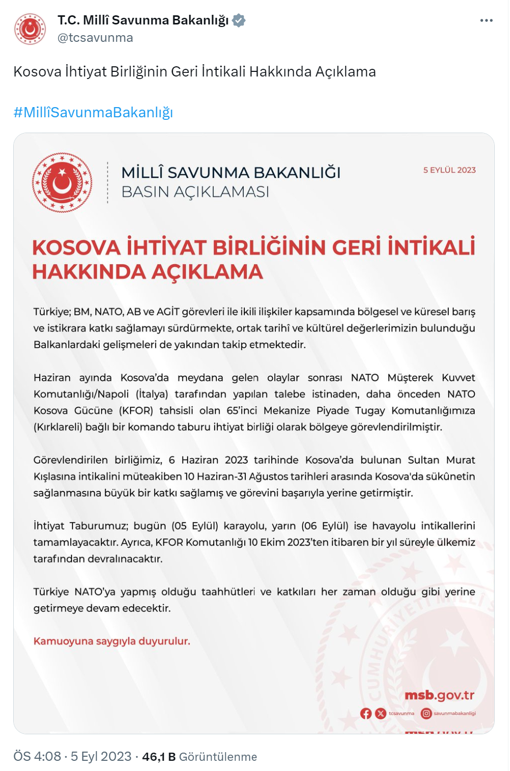 Kosova’ya gönderilen İhtiyat birlikleri Türkiye’ye dönüyor