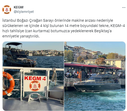 İstanbul Boğazı Çırağan Sarayı önlerinde arızalanan tekne Beşiktaş’a yanaştırıldı