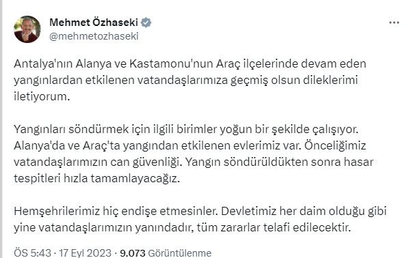 Bakan Özhaseki’den yangınlara ilişkin açıklama: “Tüm zararlar telafi edilecektir”