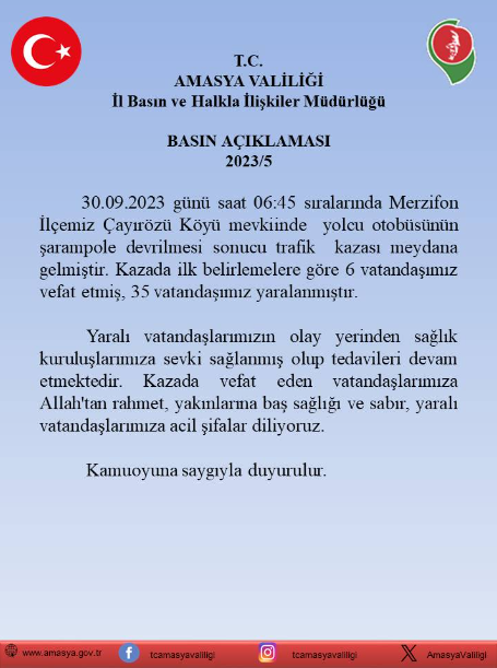 Amasya Merzifon’da otobüs kazası