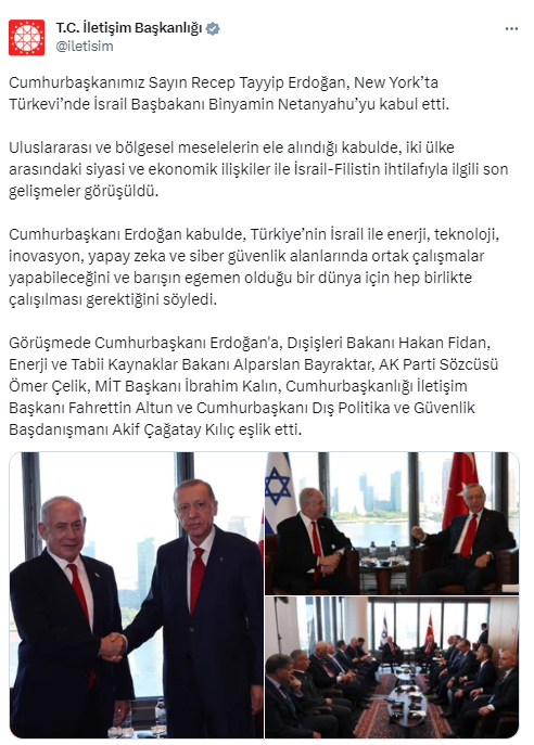 Cumhurbaşkanı Erdoğan, İsrail Başbakanı Netanyahu’yu kabul etti