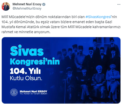 Bakan Ersoy’dan Sivas Kongresi’nin 104. yıl dönümü mesajı