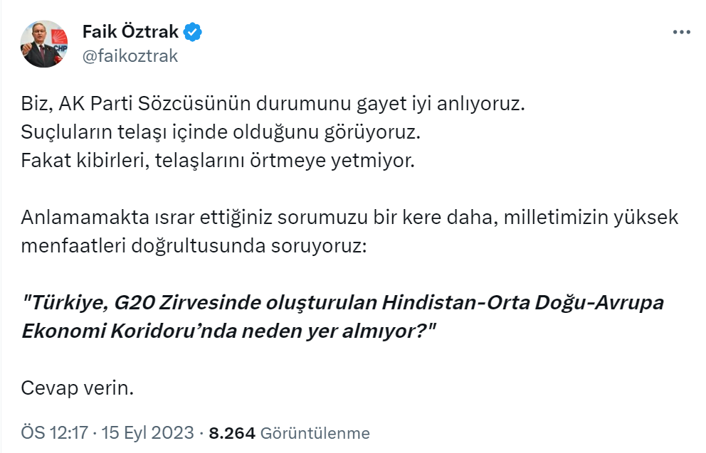 Öztrak: “Türkiye, Hindistan-Orta Doğu-Avrupa Ekonomi Koridoru’nda neden yer almıyor?”