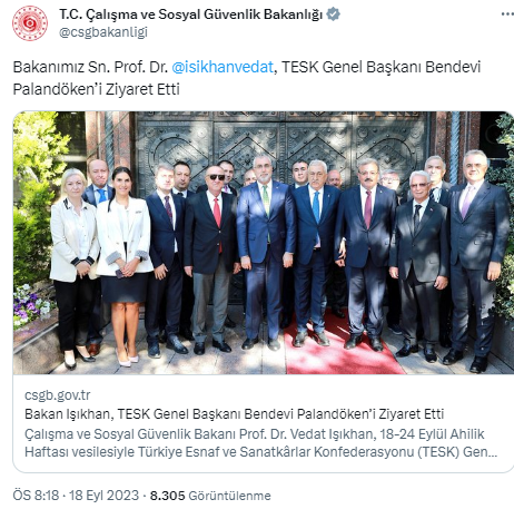 Bakan Işıkhan, TESK Genel Başkanı Bendevi Palandöken’i ziyaret etti