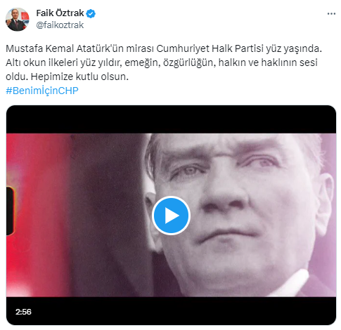 Öztrak: “Atatürk’ün mirası Cumhuriyet Halk Partisi 100 yaşında”