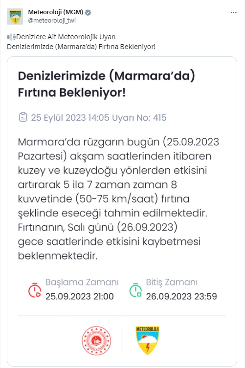 Marmara Denizi için fırtına uyarısı