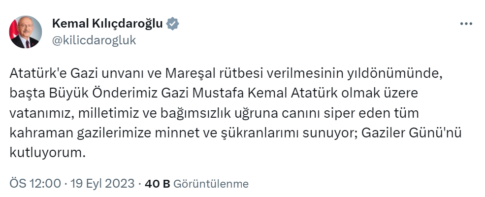 Kılıçdaroğlu’dan “Gaziler Günü” paylaşımı
