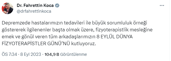 Bakan Koca’dan “Dünya Fizyoterapi Günü” paylaşımı