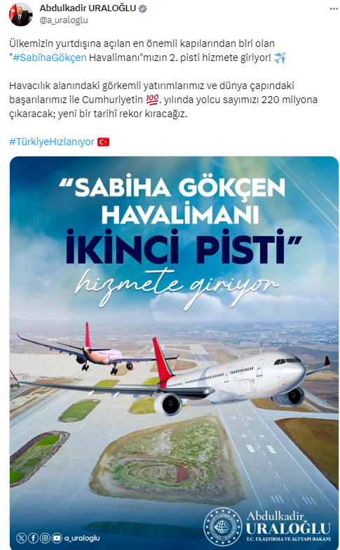 Sabiha Gökçen Havalimanı’nın ikinci pisti hizmete giriyor