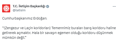 Cumhurbaşkanı Erdoğan: “Ermenistan’a düşen huzurun tesisi için barışın yanında durmaktır”