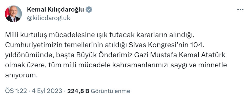 Kılıçdaroğlu’dan Sivas Kongresi’nin yıl dönümü paylaşımı