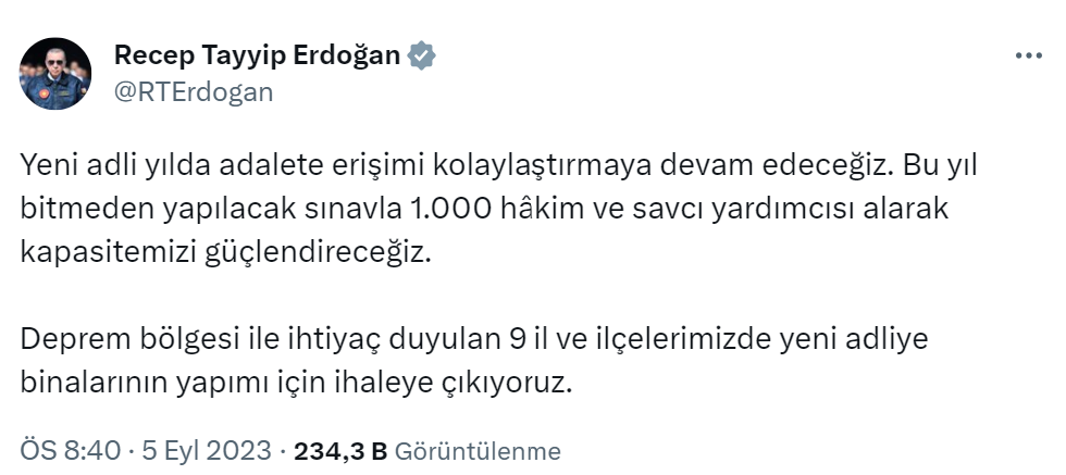 Cumhurbaşkanı Erdoğan: “Bin hakim ve savcı yardımcısı alarak kapasitemizi güçlendireceğiz”