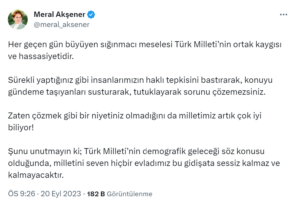 Akşener: “Milletini seven hiçbir evladımız bu gidişata sessiz kalmaz ve kalmayacaktır”