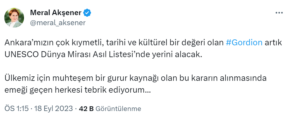 Akşener: “Gordion artık UNESCO Dünya Mirası Asıl Listesi’nde yerini alacak”