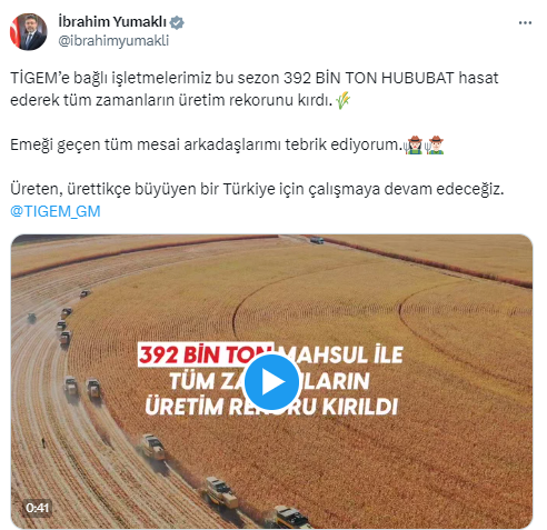 TİGEM’e bağlı işletmeler 392 bin ton hububat hasat etti