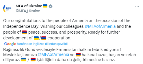 Ukrayna Dışişleri Bakanlığı, Ermenistan’ın Bağımsızlık Günü’nü kutladı