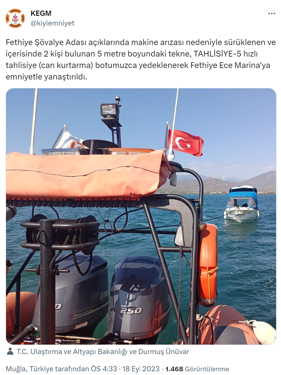 Fethiye Şövalye Adası açıklarında sürüklenen tekne, Ece Marina’ya yanaştırıldı