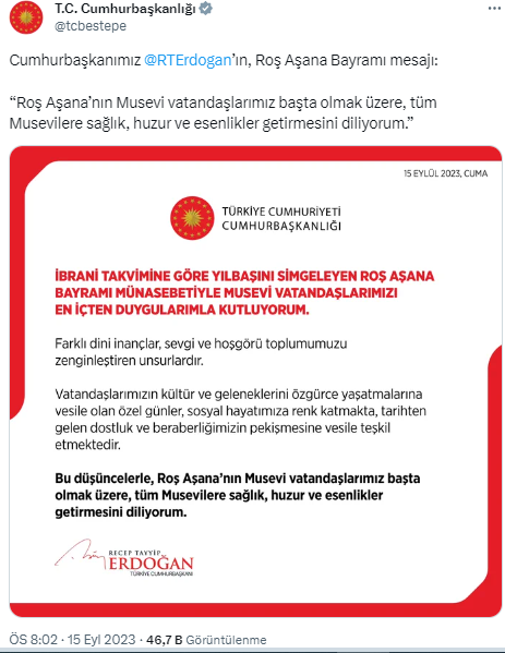 Cumhurbaşkanı Erdoğan’dan ‘Roş Aşana’ mesajı