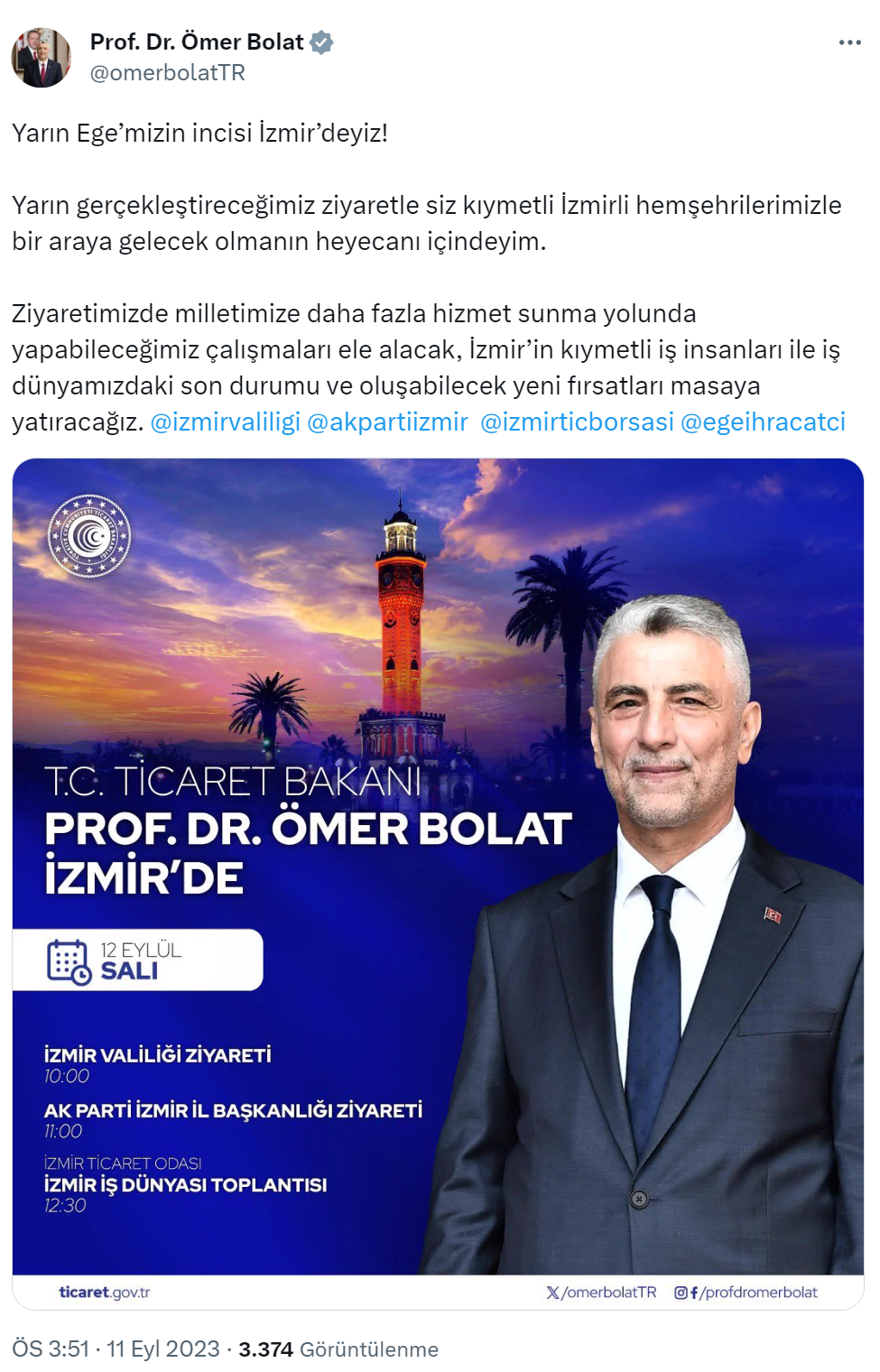 Bakan Bolat: “Yarın Ege’mizin incisi İzmir’deyiz!”
