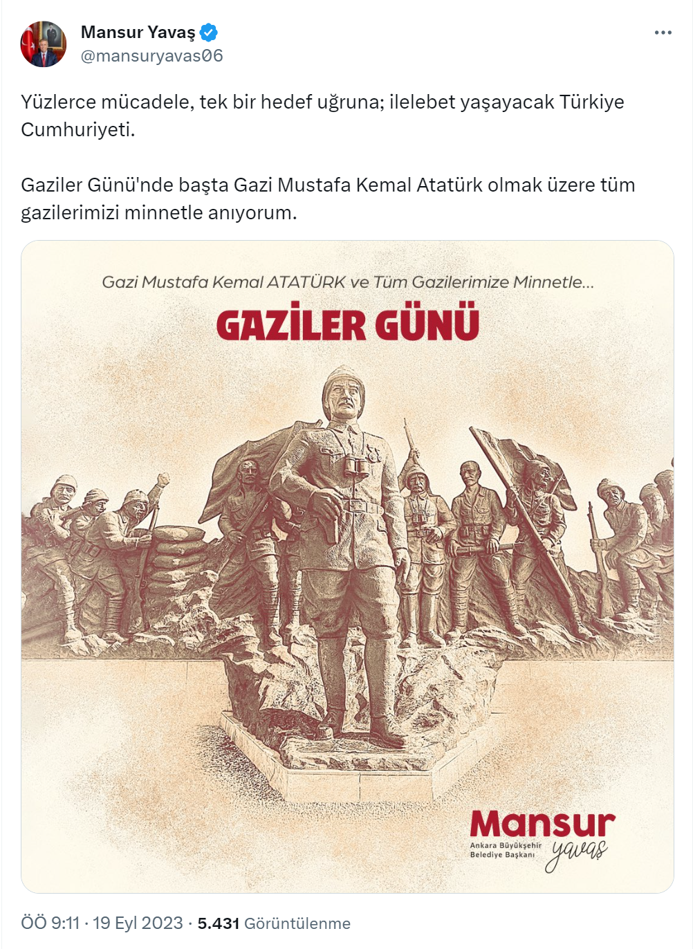 Başkan Yavaş’tan Gaziler Günü paylaşımı