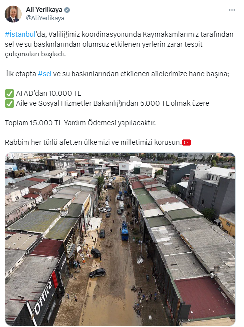 İstanbul’da selden etkilenenlere hane başı 15 bin TL yardım ödemesi yapılacak
