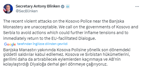Blinken: “Kosova polisine yönelik şiddetli saldırılar kabul edilemez”