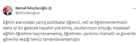 Kılıçdaroğlu: “Saray iktidarı eğitim alanını siyasallaştırma gayreti içerisine girmiştir”