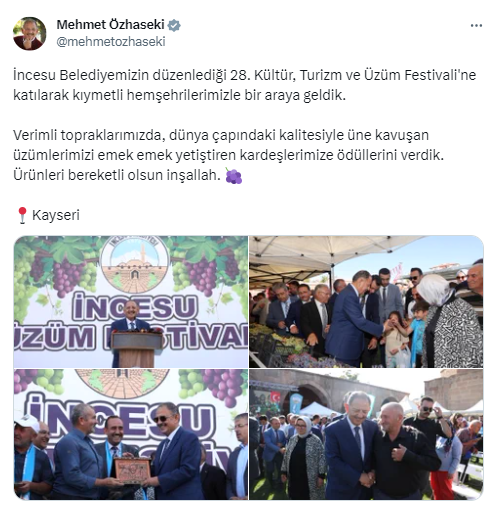 Bakan Özhaseki, Kayseri’de 28. Kültür, Turizm ve Üzüm Festivali’ne katıldı
