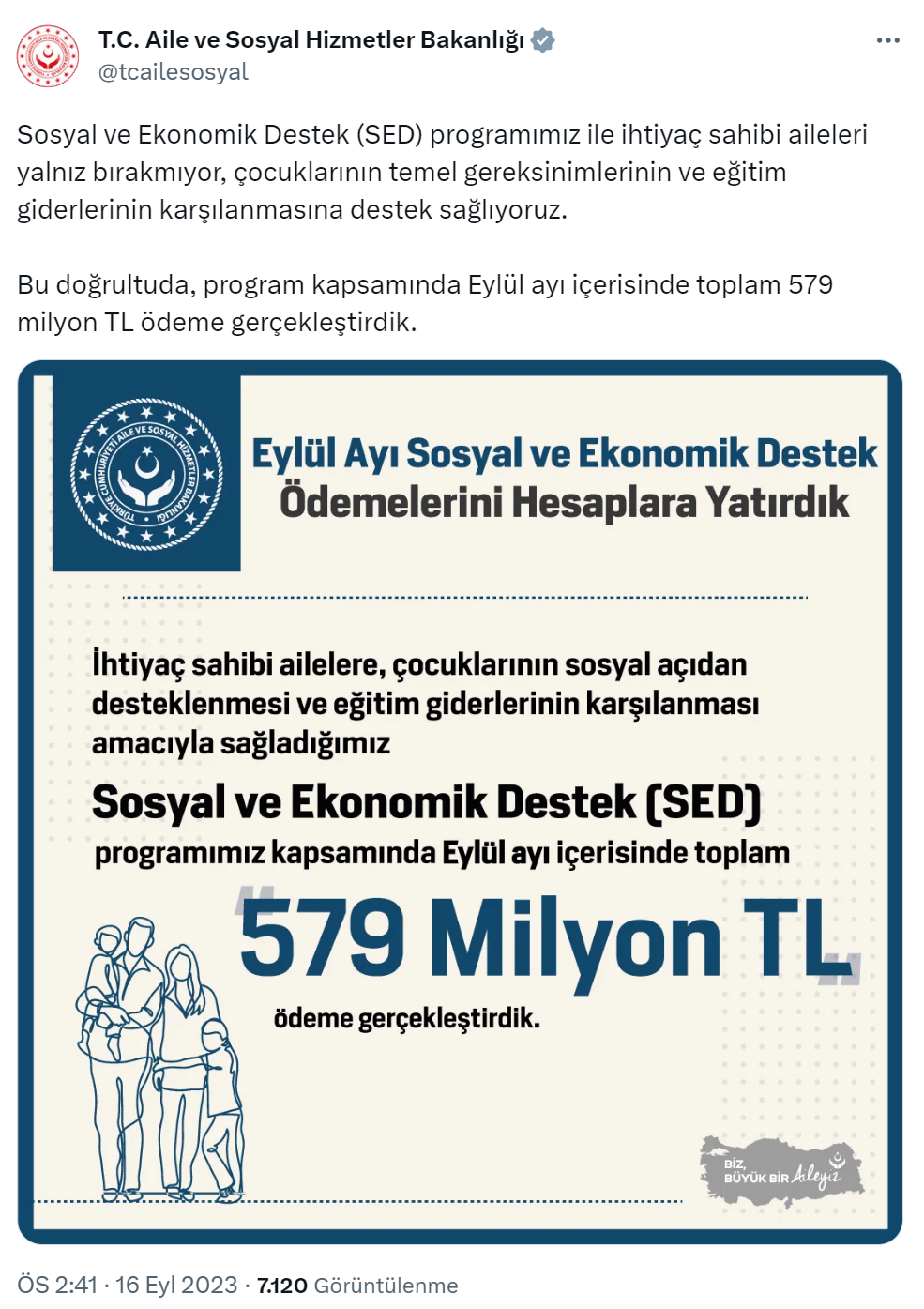 Sosyal ve Ekonomik Destek programı Eylül ayı ödemeleri gerçekleştiriliyor